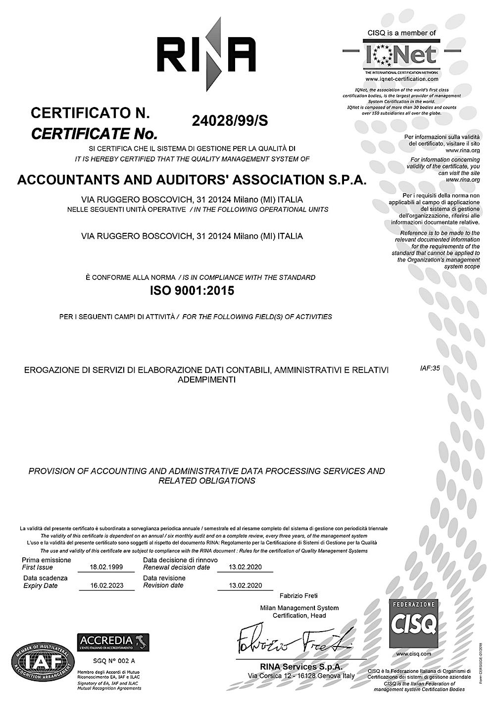 Certificazione ISO 9001 qualità RINA