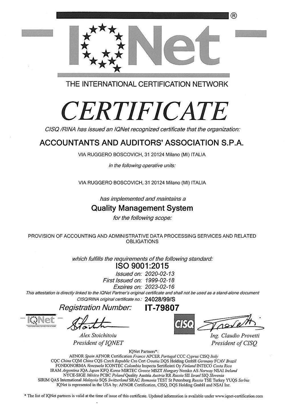 Certificato IQNet di qualità